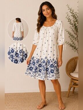 Siren Lily Navy & White Floral Dress | 3/4 Sleeve Boho Shift Dress | Cottagecore